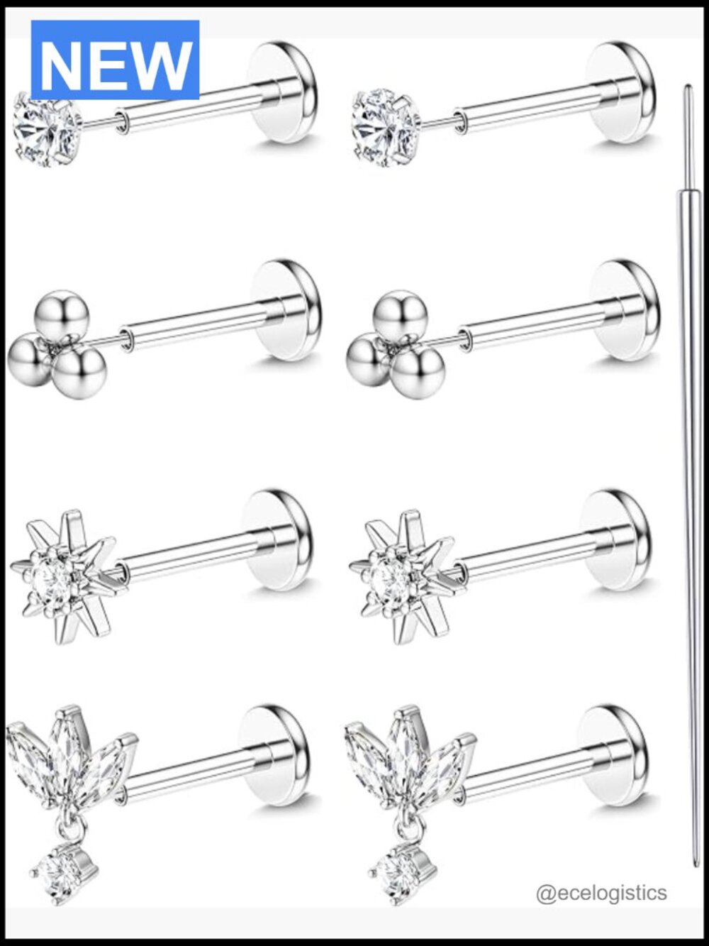 16/18/20G Threadless Flat Back Earrings Studs Surgical Steel CZ Tragus